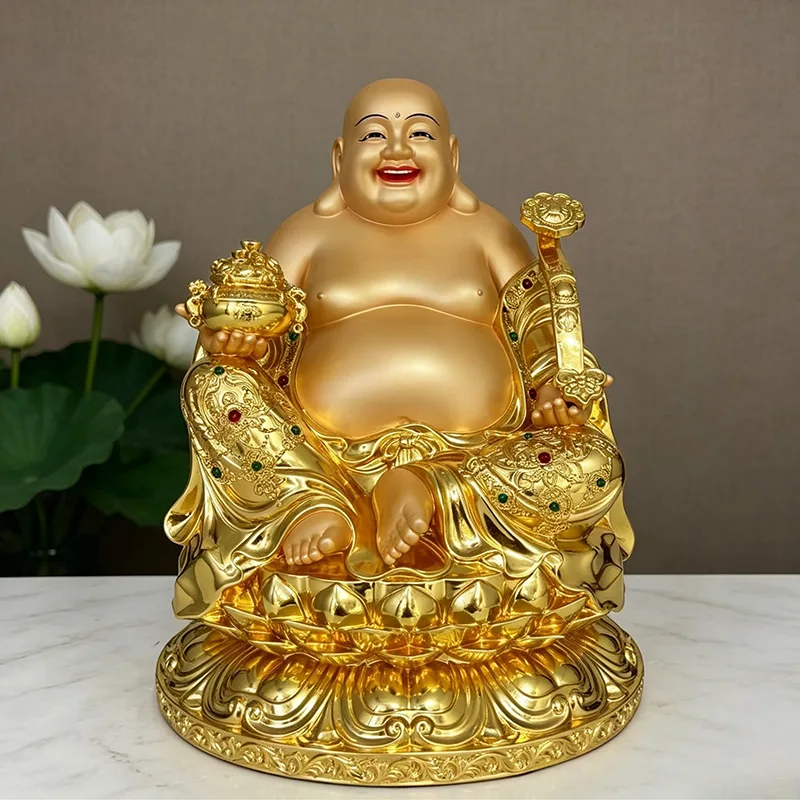 Mässing skrattande Buddha staty Big Belly Maitreya för rikedom